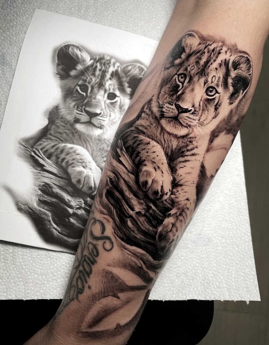 Antebrazo apoyado sobre papel blanco con un cachorro de león tatuado en negro y gris, y al lado la fotografía impresa del mismo cachorro.
